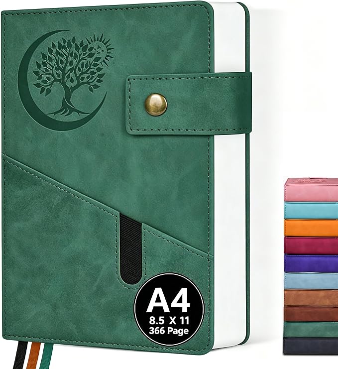 PAIBAS 8.5 x 11 Lined Notebook Journal 366 Pages Leather Journal for Men | Big notebook with 100gsm lined notebook paper college ruled, 3 ribbon bookmarks, front pocket slot & snap button.
