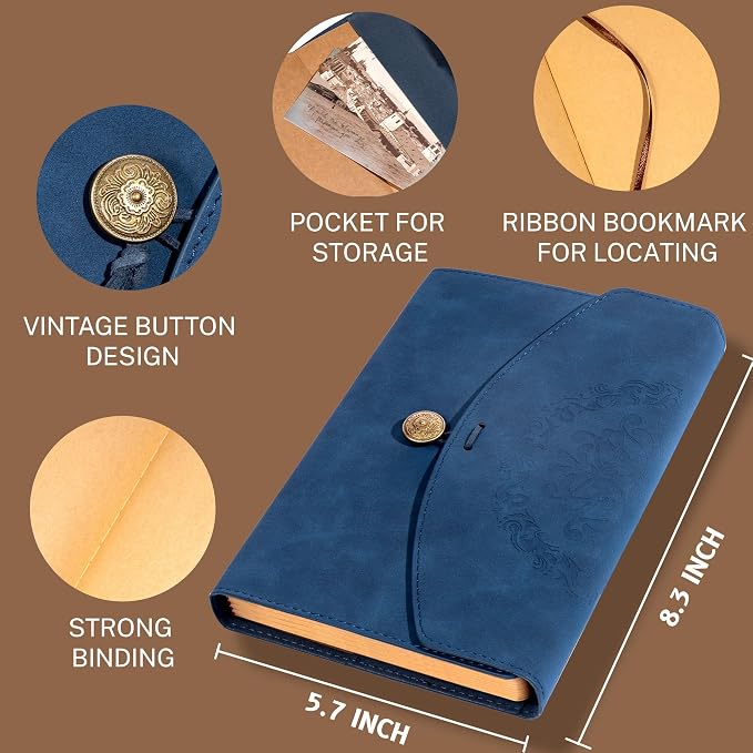MINICAGIE Vintage Leather Journal for Women Men, Junk Journal Notebook Soft Cover, Book of Shadows Journals for Travel Diary Scrapbook Sketchbook Journaling Writing, Blue