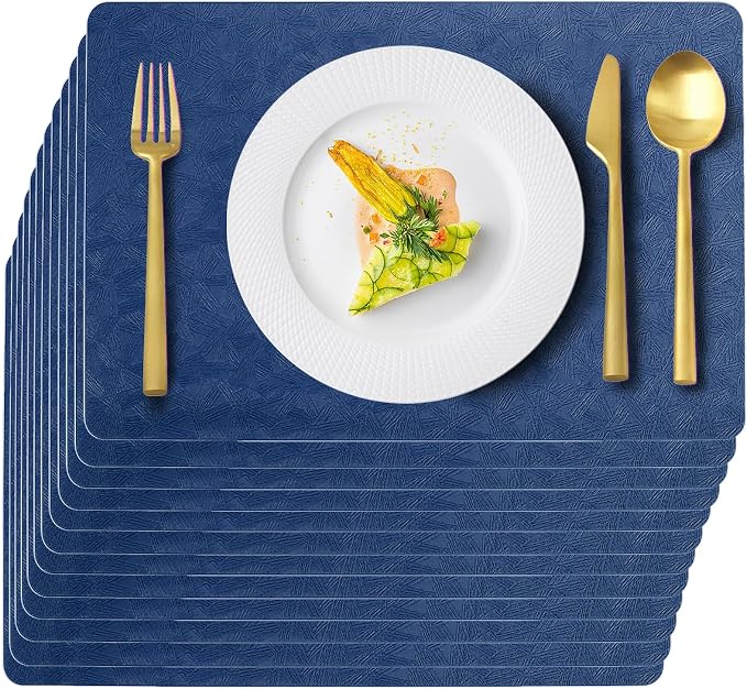 Blue Plastic Placemats Set of 12, Faux Leather Waterproof Table Mats | Blue Vinyl placemats,Wipeable and heat resistant table mats.Easy to clean,great for indoor and outdoor