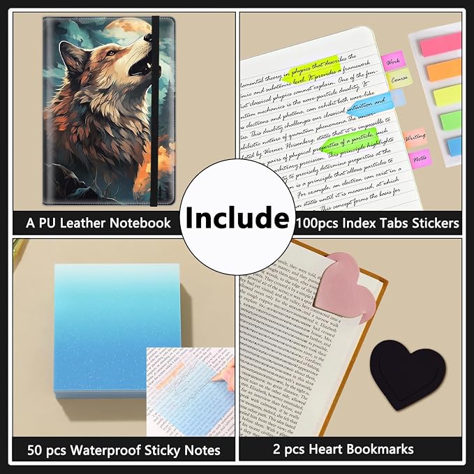 A5 Leather Lined Journal Notebook, 200 Pages Hardcover Executive Notebook for Men Women Office School Note Taking, Thick Writing Paper Daily Journal with Bookmarks/Indexes, Wolf