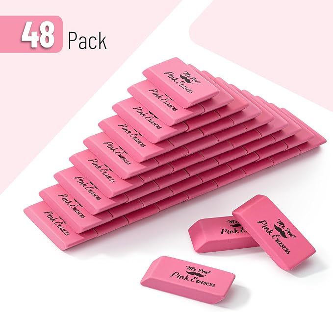 Mr. Pen- Pink Pencil Eraser Bulk, 48 Pack | Large Latex Free Block Erasers for School, Office, Art Sketching, Homework, Exams, Clean Smudge-Free Correction