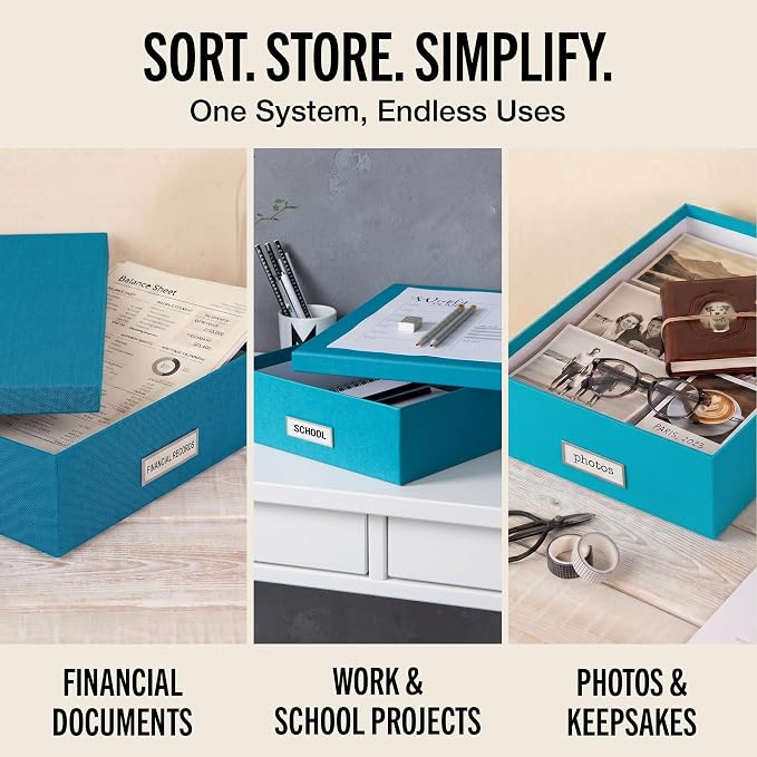 Bigso Oskar Fiberboard Label Frame Document Letter Box - File Organizer Box for Important Paperwork - Document Storage with a Lid & Metal Label Window - 3.3 in x 10.2 in x 13.8 in - Turquoise