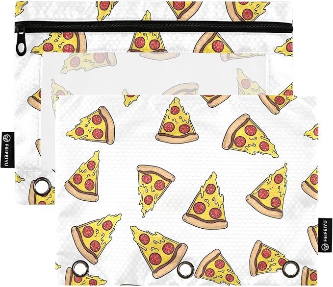 Gredecor Binder Pencil Pouch 3 Ring Pizza Doodle White Zipper Pencil Pouches Case 2 Pack Clear Binder Organizer for School Office