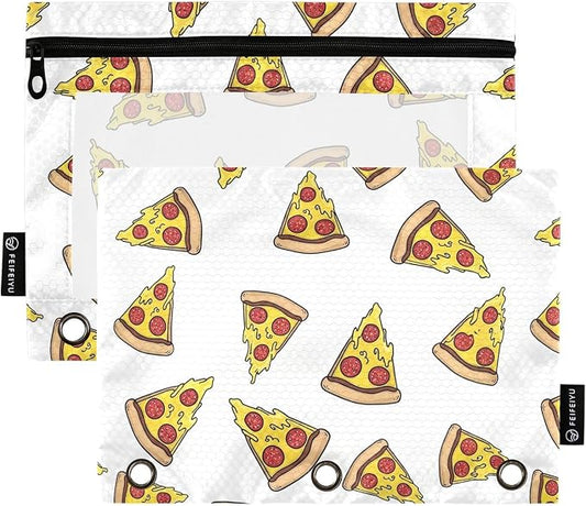 Gredecor Binder Pencil Pouch 3 Ring Pizza Doodle White Zipper Pencil Pouches Case 2 Pack Clear Binder Organizer for School Office