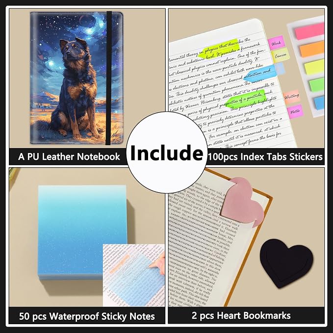 A5 Leather Lined Journal Notebook, 200 Pages Hardcover Executive Notebook for Office School Note Taking, Thick Writing Paper Daily Journal with Bookmarks/Indexes, Starry Night Dog German Shepherd
