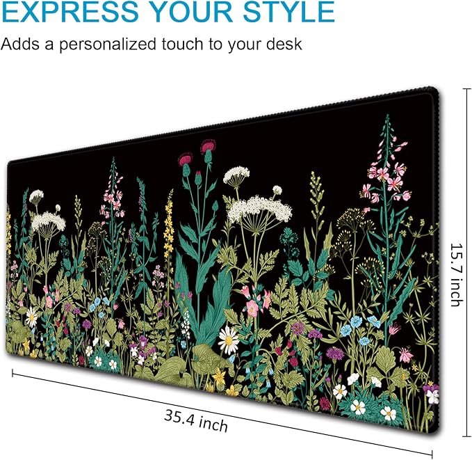 XXL Waterproof Office Desk Pad Protector 35.4x15.7 Inch - Extended Gaming Mouse Pad with Non-Slip Rubber Base, Thickened Keyboard Mat, Stitched Edges & Weeds Design