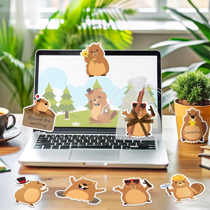 CJiangpo 24 Pack Groundhog Sticky Note with Pen Gift Set, Cute Cartoon Self Stick Notepad Funny Memo Pad Ballpoint Pens with Organza Bags, Groundhog Day Party Favor Gift for Kids Classroom Rewards
