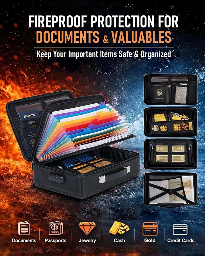 Fireproof Document Box - Hard-Shell Design Waterproof & Fireproof Document Safe with Lock, Fire Box Safe for Documents, Laptops, Passports Ex.16.5 x 12 x 5 inches, Black