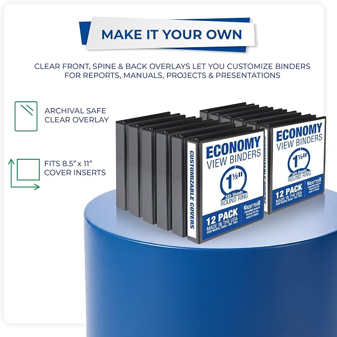 Samsill Economy 1.5 Inch 3 Ring Binder Bulk Pallet, Round Ring Binder, Customizable Clear View Cover, Black, Pallet of 720 Binders in 60 Cartons