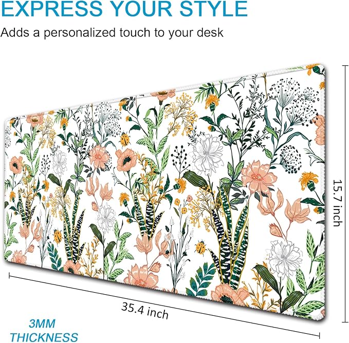 XXL Waterproof Office Desk Pad Protector 35.4x15.7 Inch - Extended Gaming Mouse Pad with Non-Slip Rubber Base, Thickened Keyboard Mat, Stitched Edges & Floral Flowers Design
