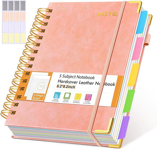 Hardcover Spiral Notebook with Removable Dividers Tabs, 300 pages Leather 5 Subject Notebook College Ruled, 6.2" x 8.2" Journal for Women Men, Small Notebooks for Work School Note taking,A5 Pink