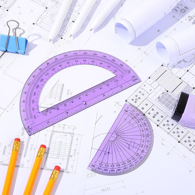 EBOOT 2 Pcs Plastic Protractor Clear 180 Degrees Transparent Protractor for Geometry, 4 Inch and 6 Inch (Purple)