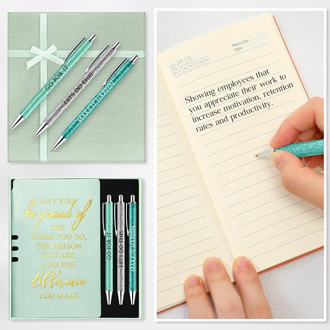 Resurhang 5 Pcs Employee Appreciation Gift Leather Journal Notebook 3 Ballpoint Pens with Box Thank You Gift for Nurse Volunteer Teacher Secretary Assistant Coworker Women(Green)