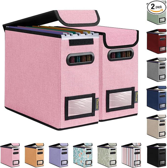 BALEINE File Organizer Box with Lid, Collapsible File Folder Organizer with Plastic Slide, Hanging File Folder Box for Office Document Storage (2 Pack, Pink, S)