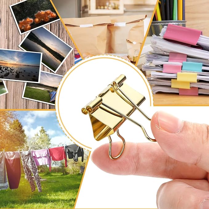 Fasmov 174 Pcs Gold Binder Clips Paper Clamps, Assorted Sizes Paper Clamps Clips (Small, Medium, Large), Office Clip with Container, Binder Clip for Office School and Home Supplies