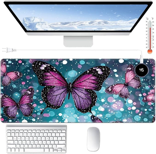 Heated Desk Pad Large Mouse Pad 31.5 x 13 inch with 3 Levels Heating & Auto Shut-Off Warm Mouse pad PU Leather Computer Mousepad for Home Office Work - Green Glitter Butterflies