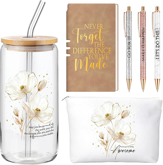 Funnymoom 6 Pcs Appreciation Gifts Set for Women Back to School Teacher Gifts Employee Thank You Gift with 17 oz Glass Tumbler Journal Pens and Pouch for Coworkers Educators,Floral,White