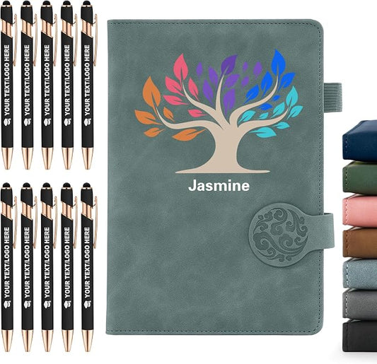 ENOMY Personalized Notebook & 10 PC Pens Set Custom Notebook 200 Pages A5 Lined Journal for Men Women Leather Notebooks for Work Office College Graduation New Year Gifts, Blue