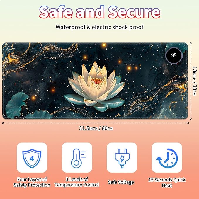 Heated Desk Pad Large Mouse Pad 31.5 x 13 inch with 3 Levels Heating & Auto Shut-Off Warm Mouse pad PU Leather Computer Mousepad for Home Office Work - Lotus Flowers