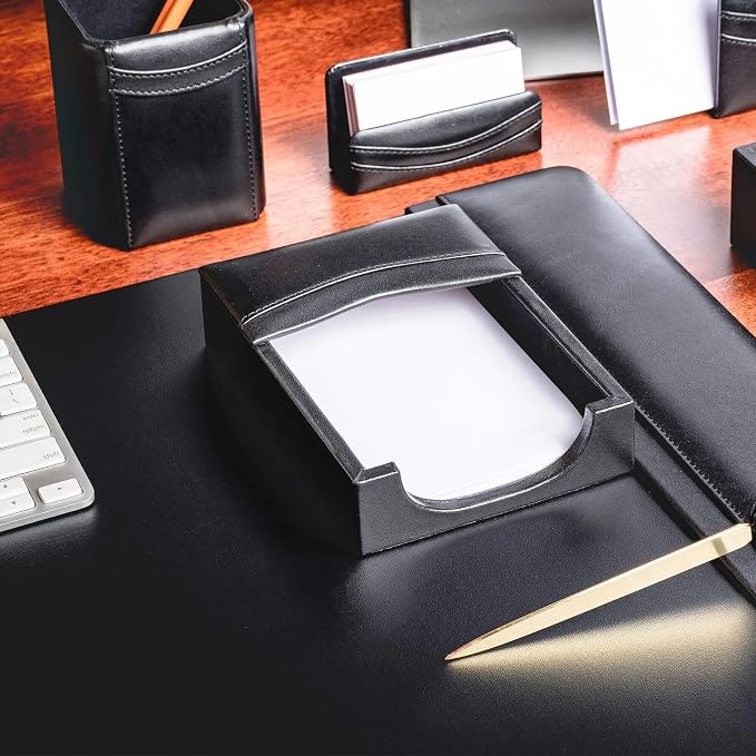 DACASSO Black Leather 11-Piece Desk Set - Luxury Leather Desk Pad & Desk Organization Essentials - Office Organization & Executive Desk Decor - (Silver Accent)