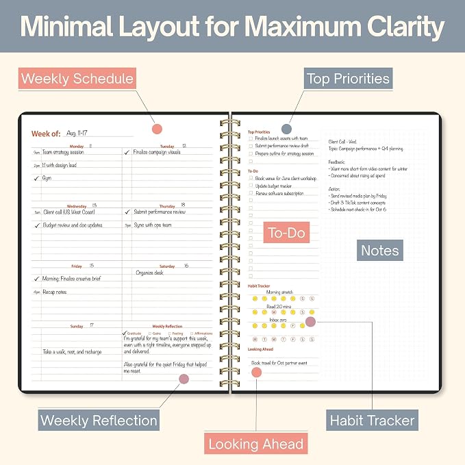 Undated Weekly Planner, 8.5" x 11", Dashboard Layout, Black | Dateless, Top Priorities, To Do List, Habit Tracker, Weekly Notes Space, Weekly Reflection, For Work, School & Life