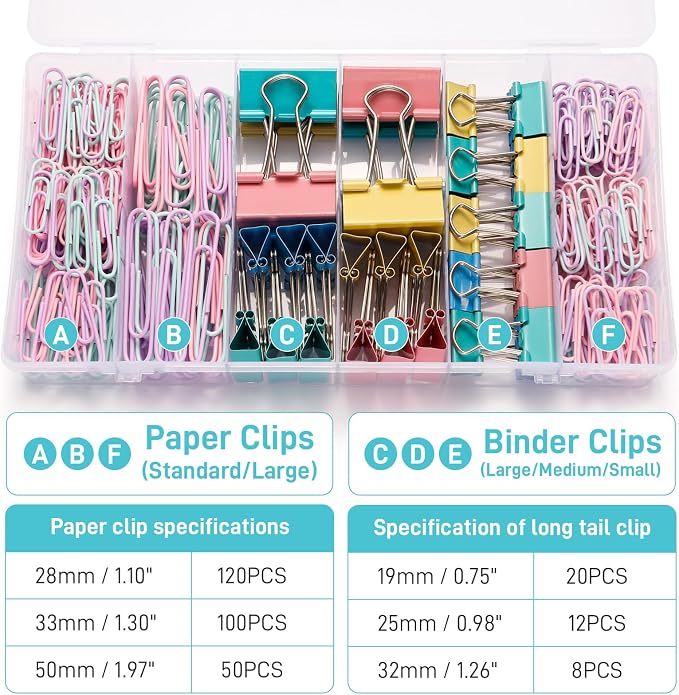 310PCS Colored Paper Clips and Binder Clips Set, Assorted Sizes Binder Clips with Paper Clips Large Medium Small, Office Supplies Stationery Kit for Home School Classroom Organization