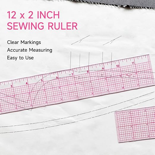 YLAZIION Clear Ruler for Sewing 2x12 Inch Easy Read Grid Graph Ruler 1.4mm | Upgraded Rose Red Markings, Flexible Plastic Ruler for Pattern Grading, Tailoring & Quilting, 16THS Enlarged Scale for Sewing