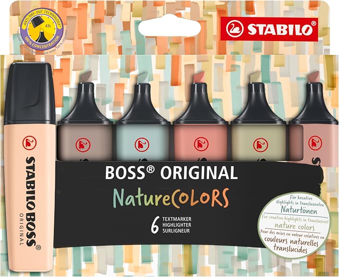 STABILO - BOSS ORIGINAL NatureCOLORS - Highlighter - Pack of 6 - Beige, Warm Grey, Earth Green, Sienna, Mud Green, Umber