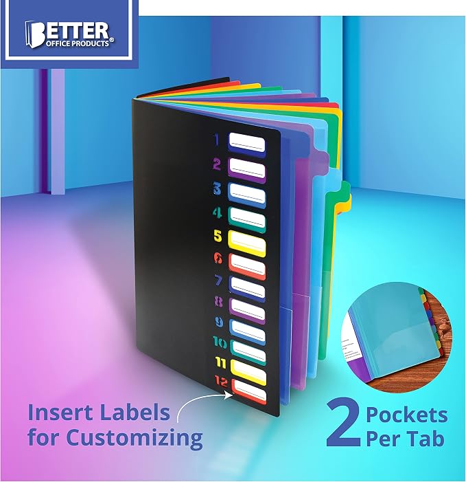 Better Office Products 24 Clear Pocket Expanding File Folder with 12 Colored Tabs, Letter Size, Holds 300 Sheets, Project File Organizer, Numbered Index on Cover,(1 Pack Black)