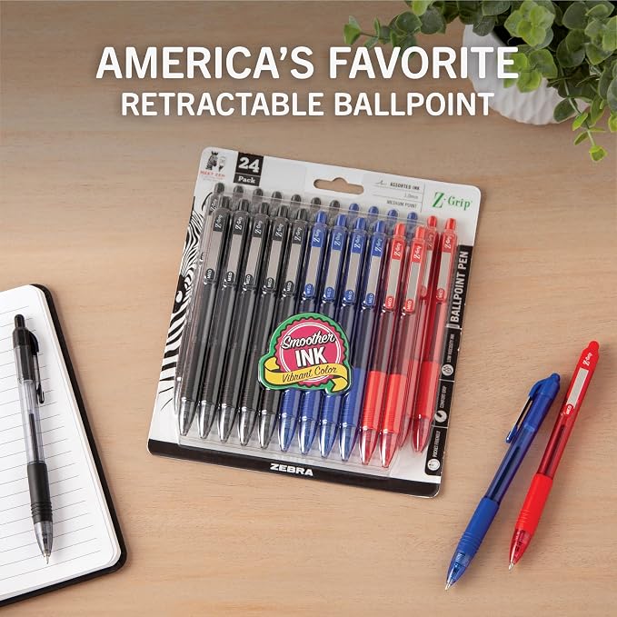 Zebra Pen Z-Grip Retractable Ballpoint Pen, 1.0mm Medium Point, Assorted Business Colors, School & Office Supplies, Ideal for Note-Taking, Journal and Planner Use, 24-Pack (12224)