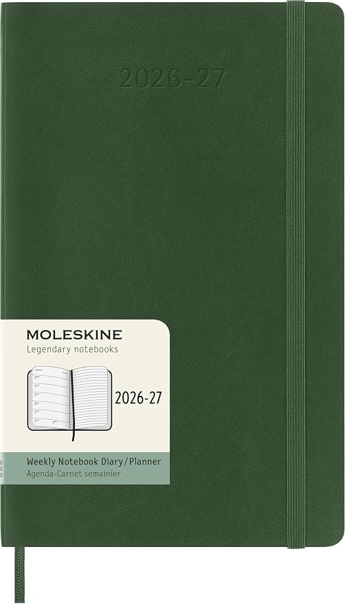 Moleskine 2026-27 18-Month Weekly Planner, Large, Myrtle Green, Softcover | July 2026-December 2027 Large (5" x 8.25") 208-page weekly planner with ruled notes pages, stickers, and expandable pocket.