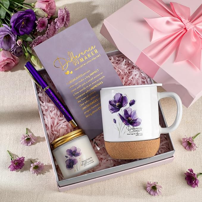4 Pcs Difference Maker Gift Set Mug Notebook Candle Pen,Purple,Flower