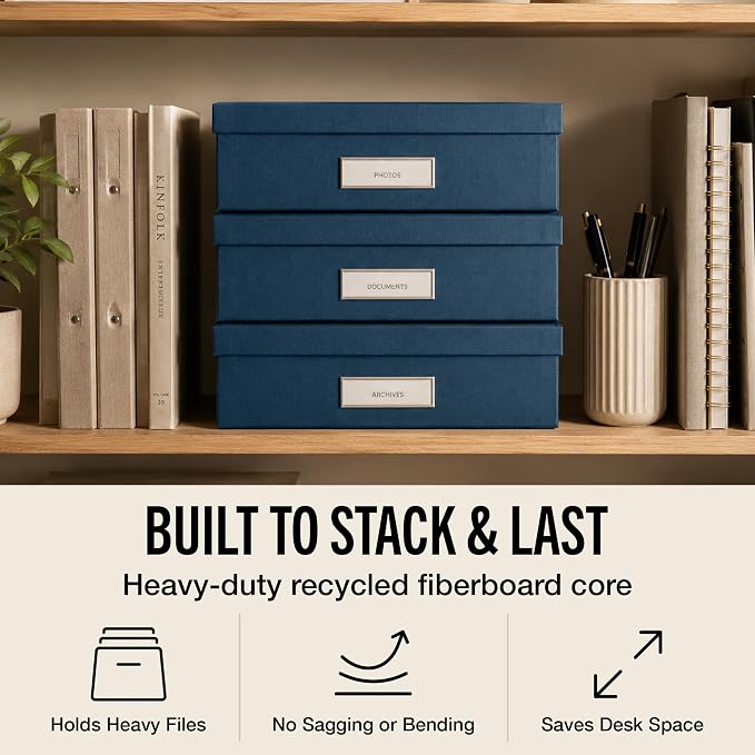 Bigso Oskar Fiberboard Label Frame Document Letter Box - File Organizer Box for Important Paperwork - Document Storage with a Lid & Metal Label Window - 3.3 in x 10.2 in x 13.8 in - Dark Blue