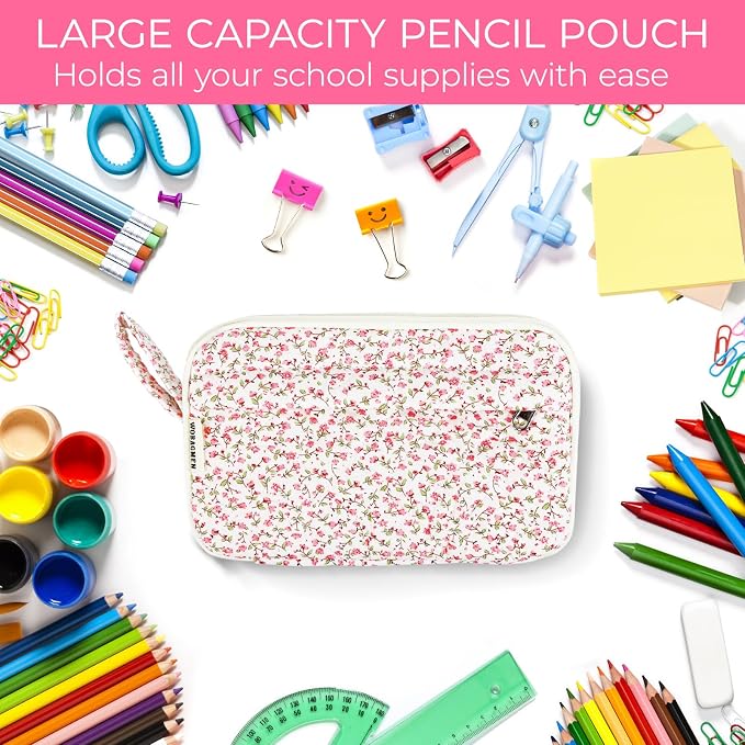 WOBAGMEN Quilted Pencil Pouch, Pink Floral, Girls Women | Large, Compartments, Cute Aesthetic, Organizer, School Supplies