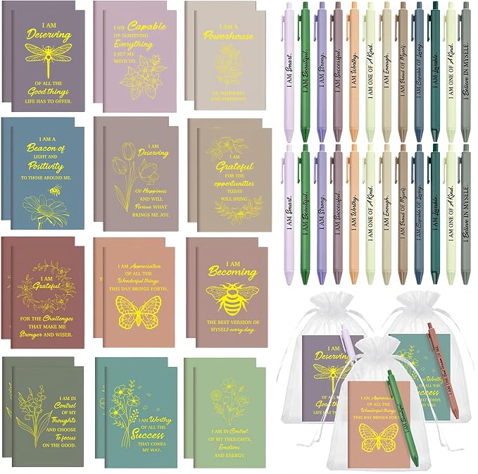 Mooliwe 48 Pcs Positive Affirmation Gift Set Gratitude Notebooks with Pens Small Bags Motivational Encouragement Notepads Daily Affirmations Journal for Women Stress Relief Self Care (Morandi)