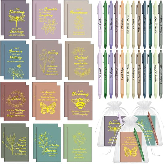 Mooliwe 48 Pcs Positive Affirmation Gift Set Gratitude Notebooks with Pens Small Bags Motivational Encouragement Notepads Daily Affirmations Journal for Women Stress Relief Self Care (Morandi)