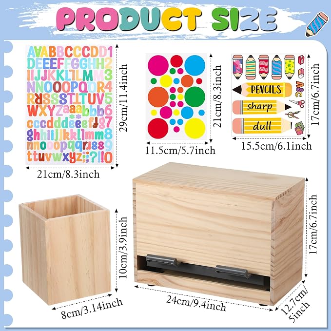 Mifoci 8 Pcs Wooden Pencil Dispenser Kit for Classroom Wooden Pen Holder Straw Dispenser Sharp and Dull Letter Stickers for Teachers Classroom Supplies Storage (Wood)