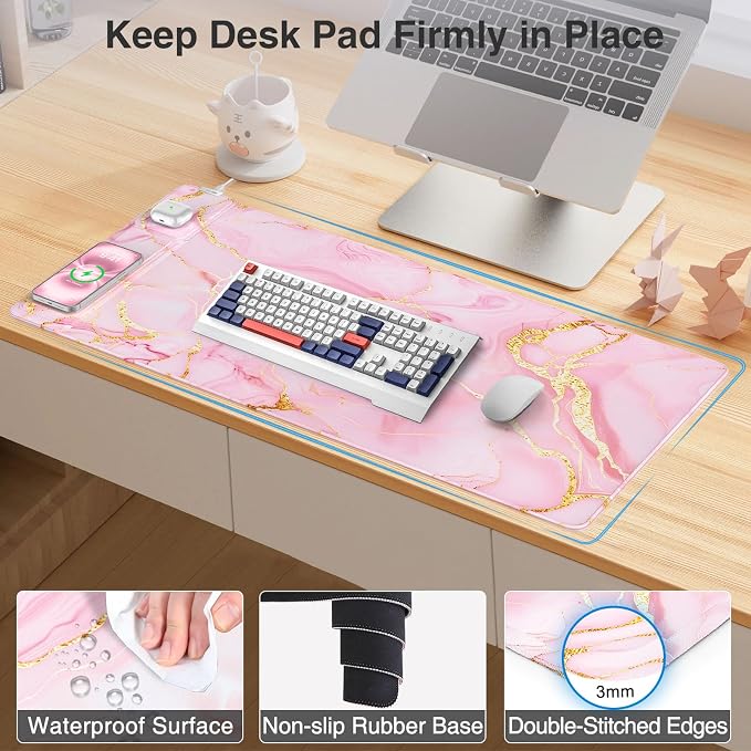 Wireless Charging Mouse Pad with Foldable Phone Holder, Pink Marble | 31.5"x15.8" Large Desk Mat for Laptop/Keyboard, Waterproof Ultra-Smooth Surface, Non-Slip Base