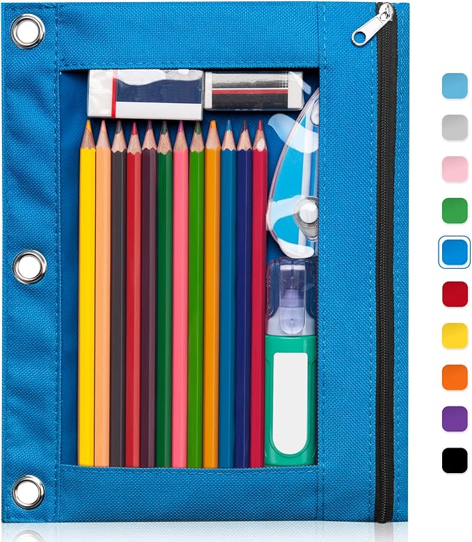 Forvencer Pencil Pouch for 3 Ring Binder, Clear Window Pencil Case with Smooth Zipper, Big Capacity 3 Ring Binder Pencil Bag with 3 Reinforced Grommets, Azure Blue