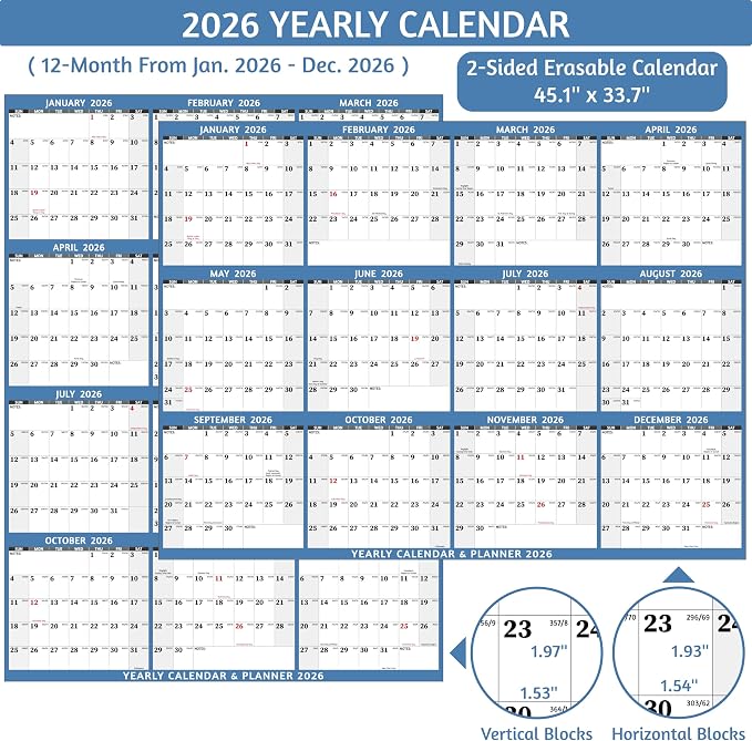 2026 Dry Erase Calendar – Large Yearly Wall calendar 2026, 33.7'' x 45.1'', 2-Side Reversible Calendar 2026, Vertical/Horizontal, Jan 2026 – Dec 2026, 2026 Wall Calendar with Notes, Stickers - Light Blue