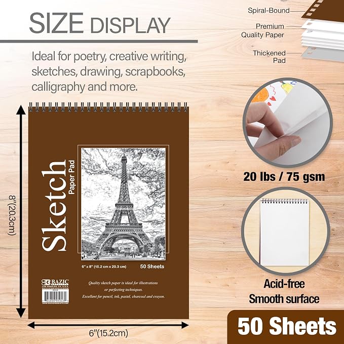 BAZIC Products Spiral Sketch Pad, Top Bound, 6 x 8 in, 50 Sheets, 48-Case | 50-sheet spiral sketch pad, smooth drawing paper for sketching, shading