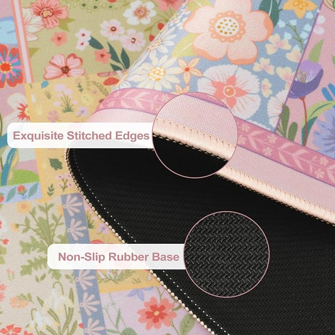 iCasso Pink Desk Mat for Keyboard and Mouse, Large Mouse Pad, Floral Desk Pad, Anti-Slip XXL Big Mousepad with Stitched Edges for Computer