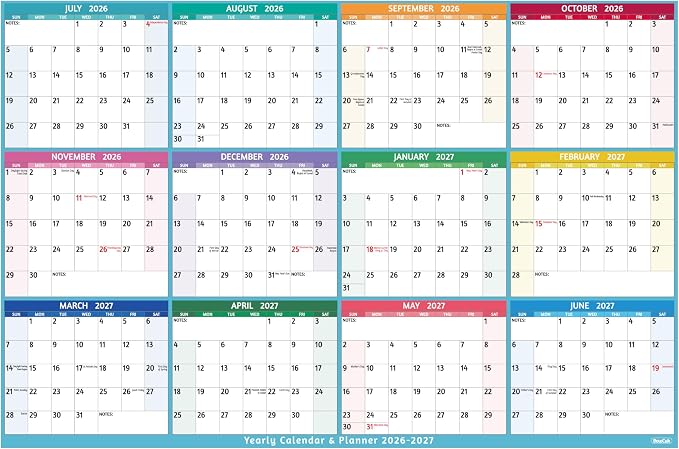 Yearly Wall Calendar 2026-2027 - Large Yearly Calendar, Jul 2026 - Jun 2027, 38.2" x 25.2" (Open), 2026-2027 Calendar, Large Wall Calendar, Full Year Paper Calendar with Notes, Thicker Paper – Multi