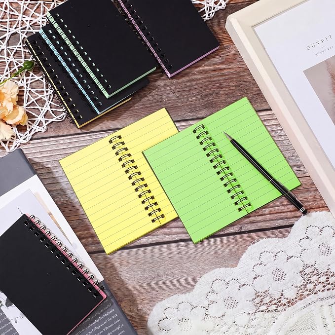 Jutom 10 Pcs Small Spiral Notebooks Memo Pads 3x5 Bulk Small Pocket Notepads Back to School Supplies Mini Notebook with Lined Mini Journals for Office & Work, 120 Pages (Black Cover 5 Color Page)