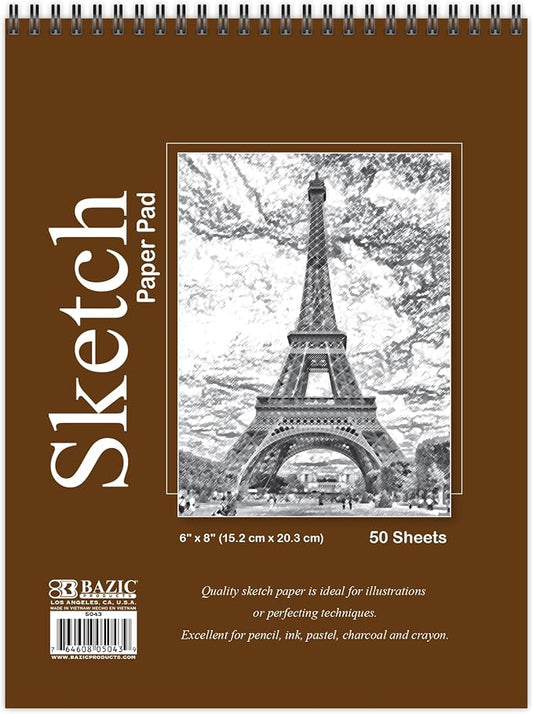 BAZIC Products Spiral Sketch Pad, Top Bound, 6 x 8 in, 50 Sheets, 48-Case | 50-sheet spiral sketch pad, smooth drawing paper for sketching, shading