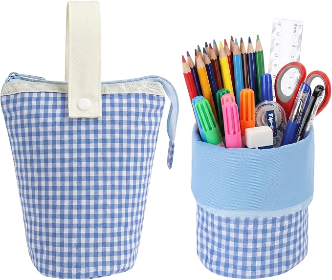 Bigmeta Gingham Standing Soft Pencil Case for Girls - 2-in-1 Cute Aesthetic Pencil Pouch with Zipper, Stationery Holder Bag for Middle & Elementary Students Back to School Supplies (Blue)