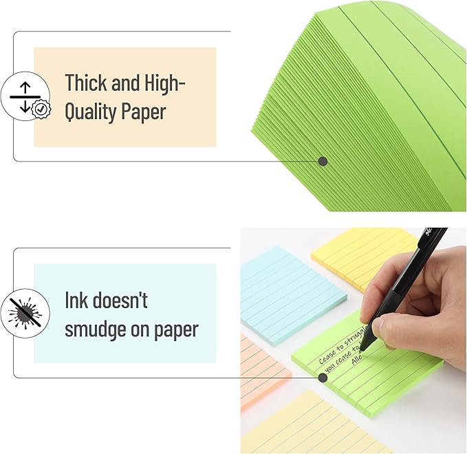Mr. Pen- Lined Sticky Notes, 3" x 3", 6 Pads, 45 Sheets/Pad | Sticky Notes with Lines, Ruled Post Stickies, Memo Pads, Self-Stick Note Pad for Office, School, Home, Study & Organization