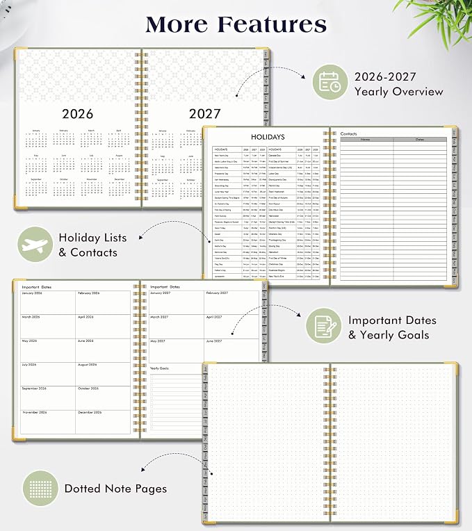 Planner 2026-2027, 18 Months Weekly and Monthly Hardcover Planner, January 2026 - June 2027, 5.75" x 8.38" A5 Daily Calendar Planner Book with Tabs, Spiral Yearly Agenda Organizer Notebook for School Work Home, Green