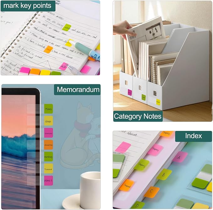 Golcellia 480 Pieces, 4-Colors Sticky Index Tabs Transparent Sticky Notes, Colored Page Markers for Bookmarks, Writable and Repositionable Index Annotation Tabs