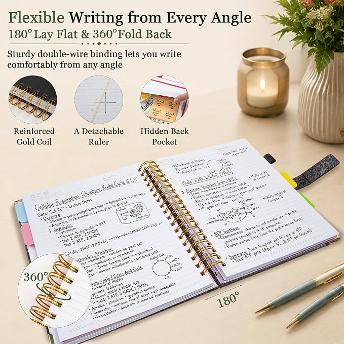 Hardcover Spiral Notebook 8''x 10'' College Ruled Notebook with Magnetic Closure, 300 Pages 5 Subject Notebooks with Pocket Dividers for Work School, B5 Leather Journal for Women, Men (Black)